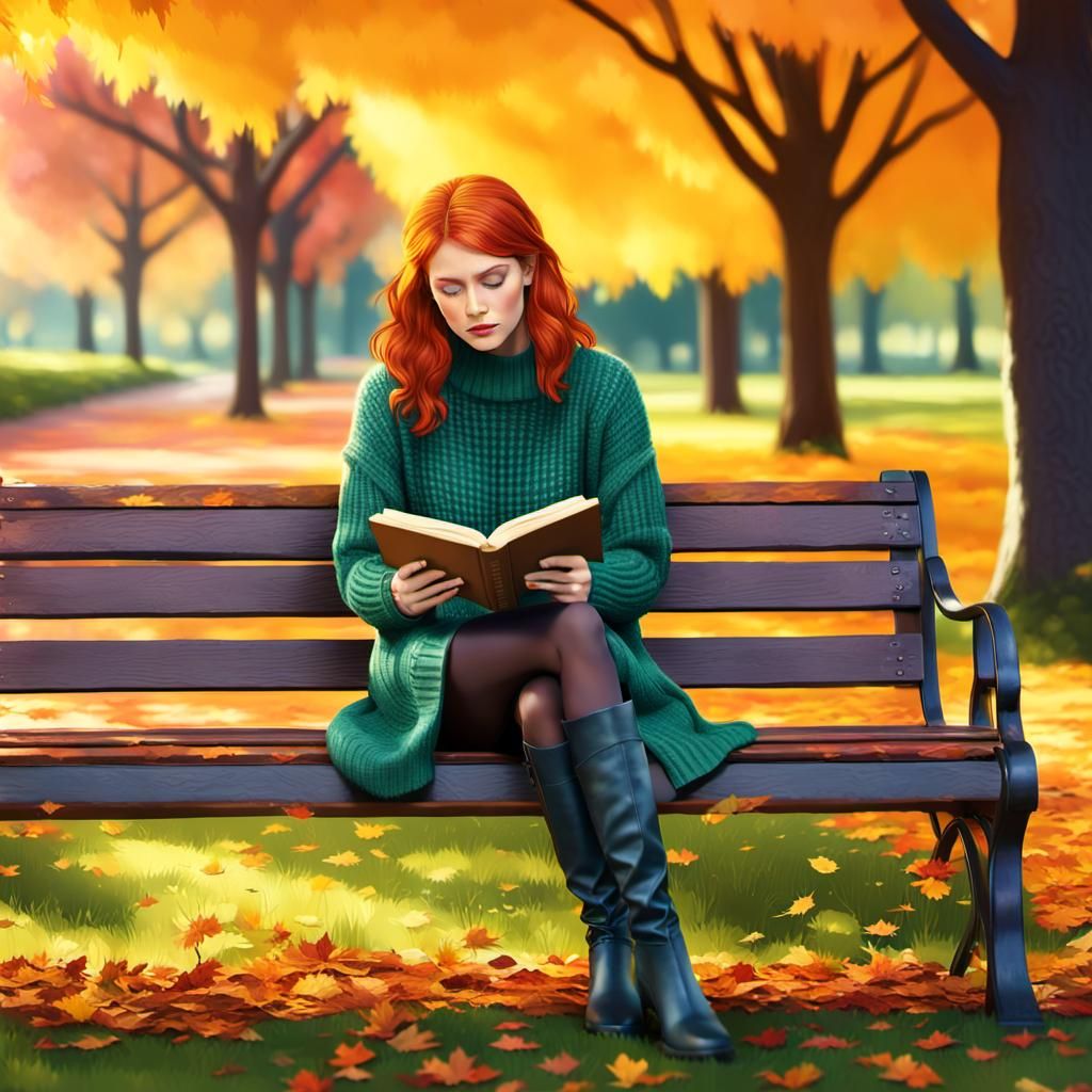 Red Haired Woman Reading in Autumn Park