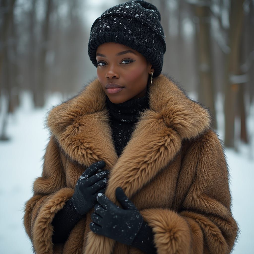 Women in Luxurious Fur Coats Pose in Winter Wonderland