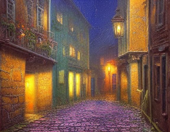 Enchanting Portuguese Alley Nocturne as Oil Painting