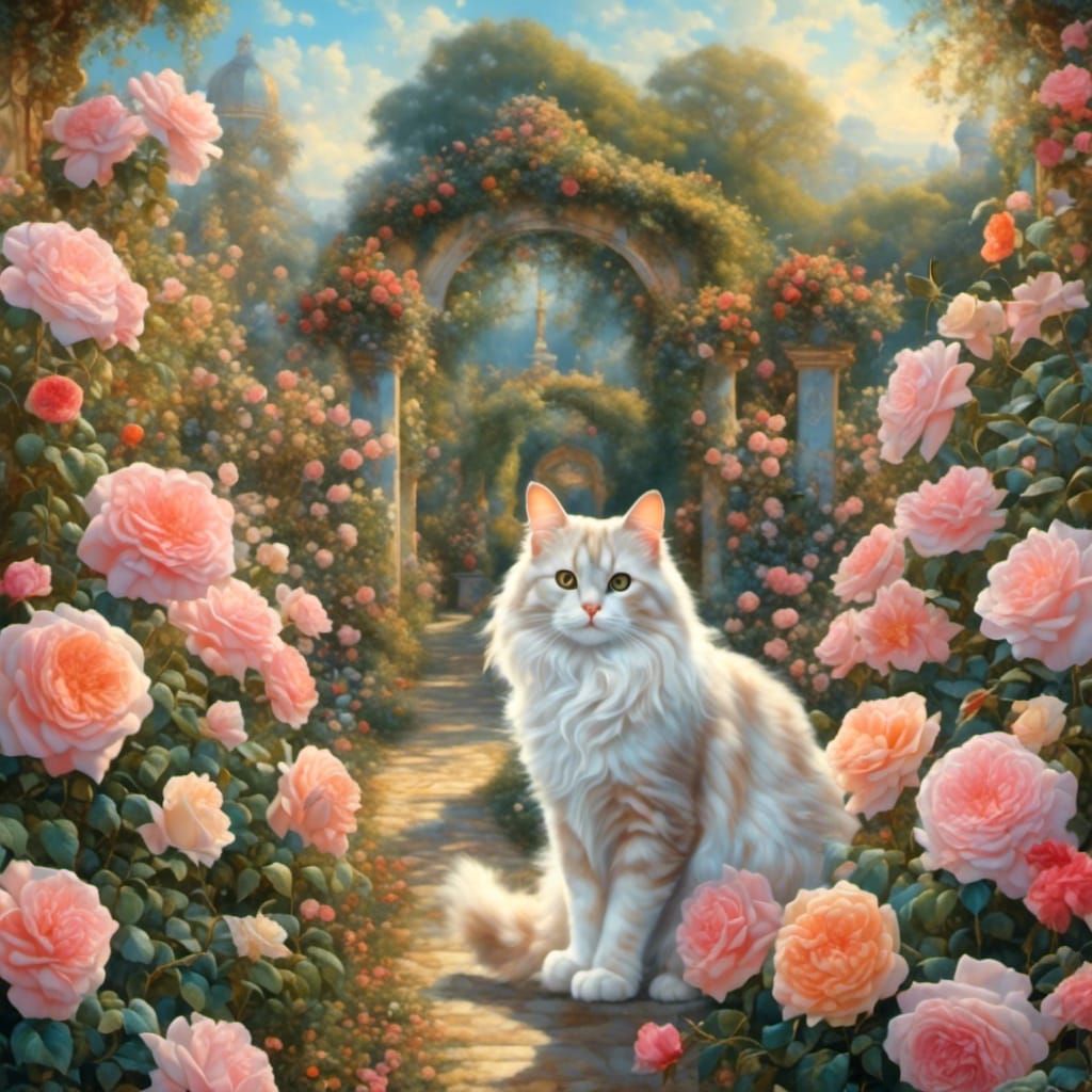 Cat in Rose Garden: Dreamlike Floral Scene