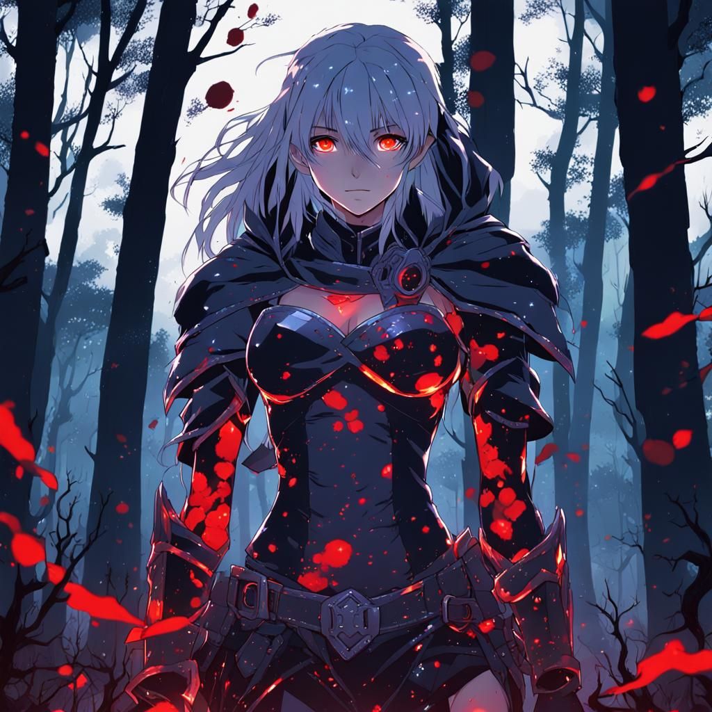 Anime-Style Witch in Forest with Piercing Eyes