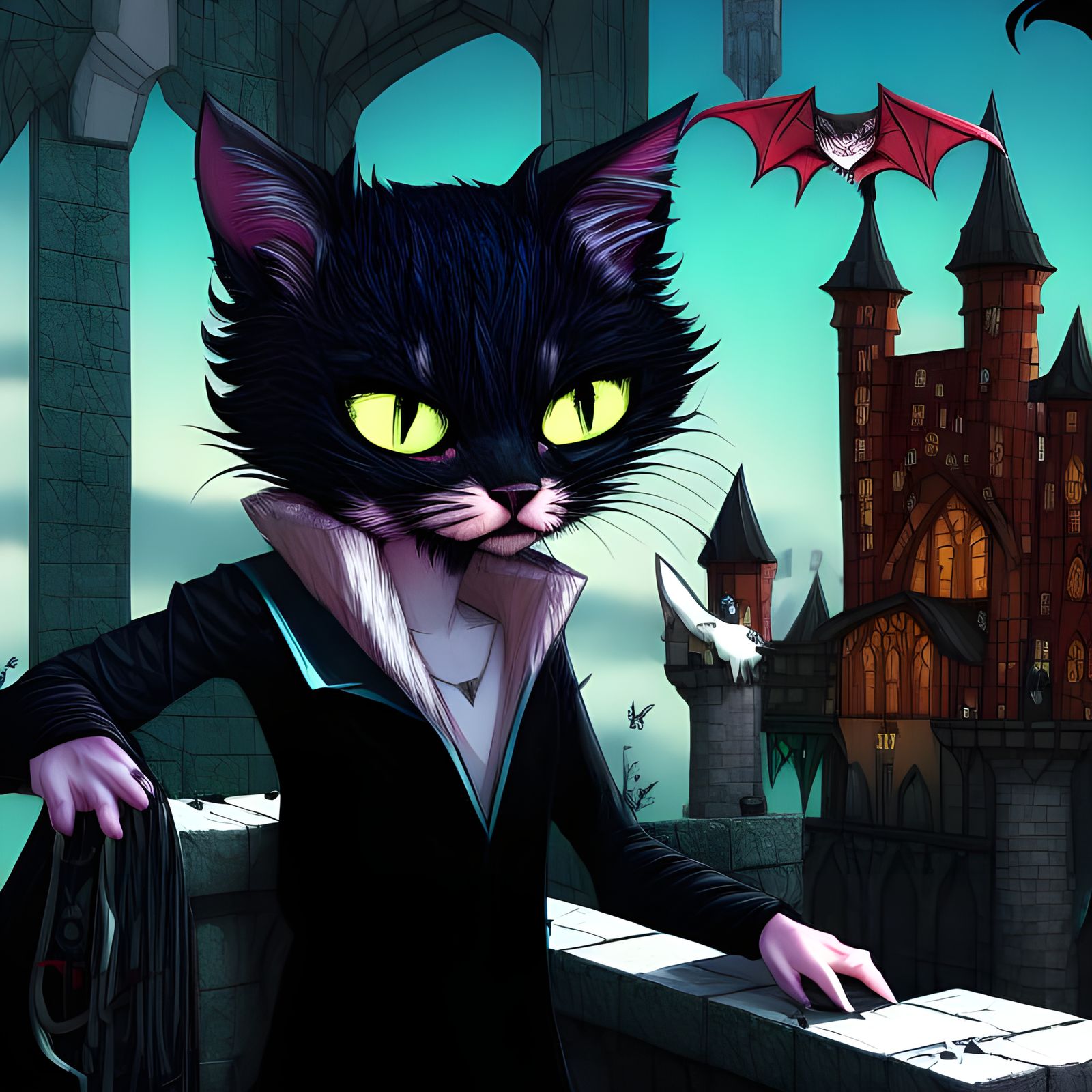 Gothic Vampire Cat with Castle Bats in 8K