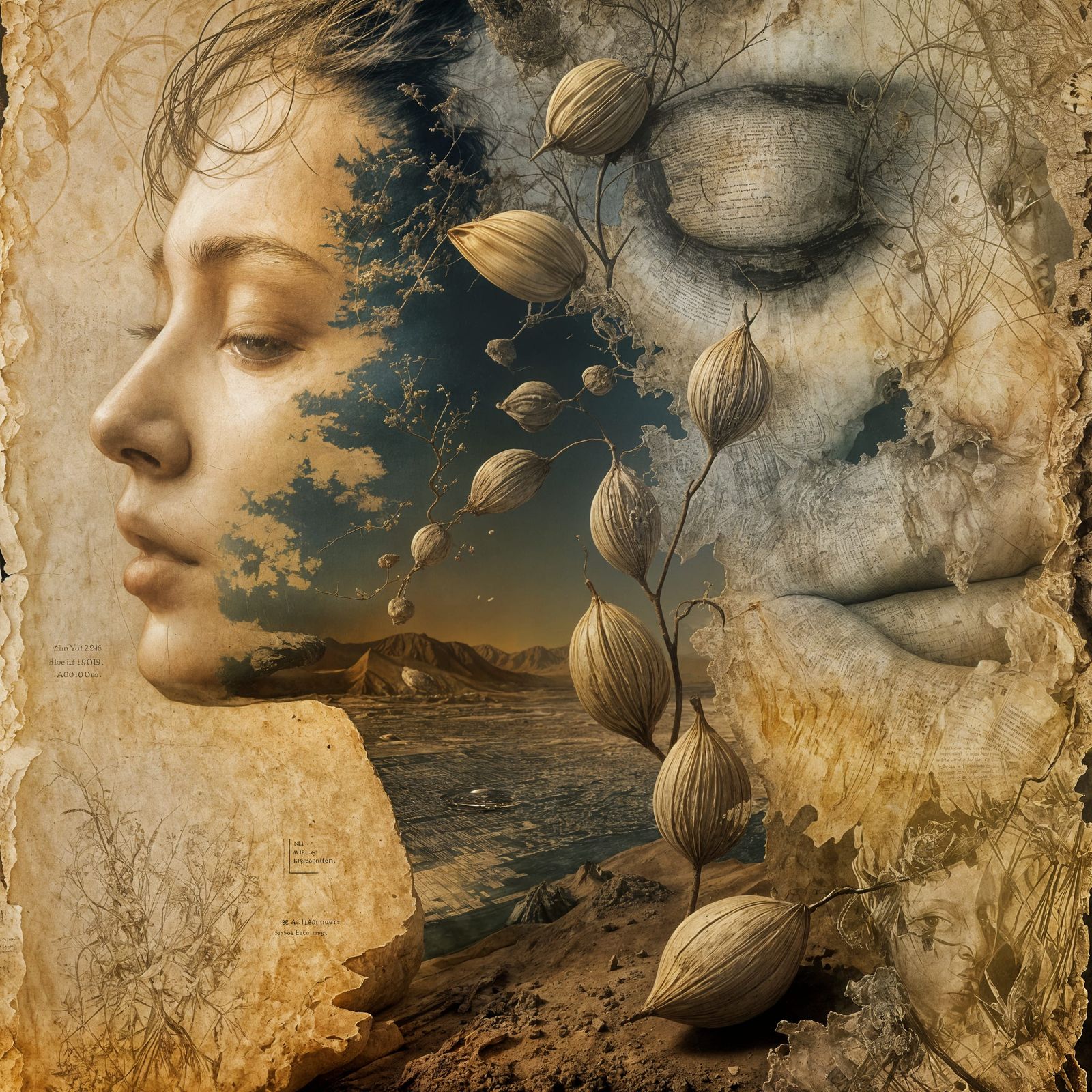 Surreal Double Exposure on Parchment, Octane Render