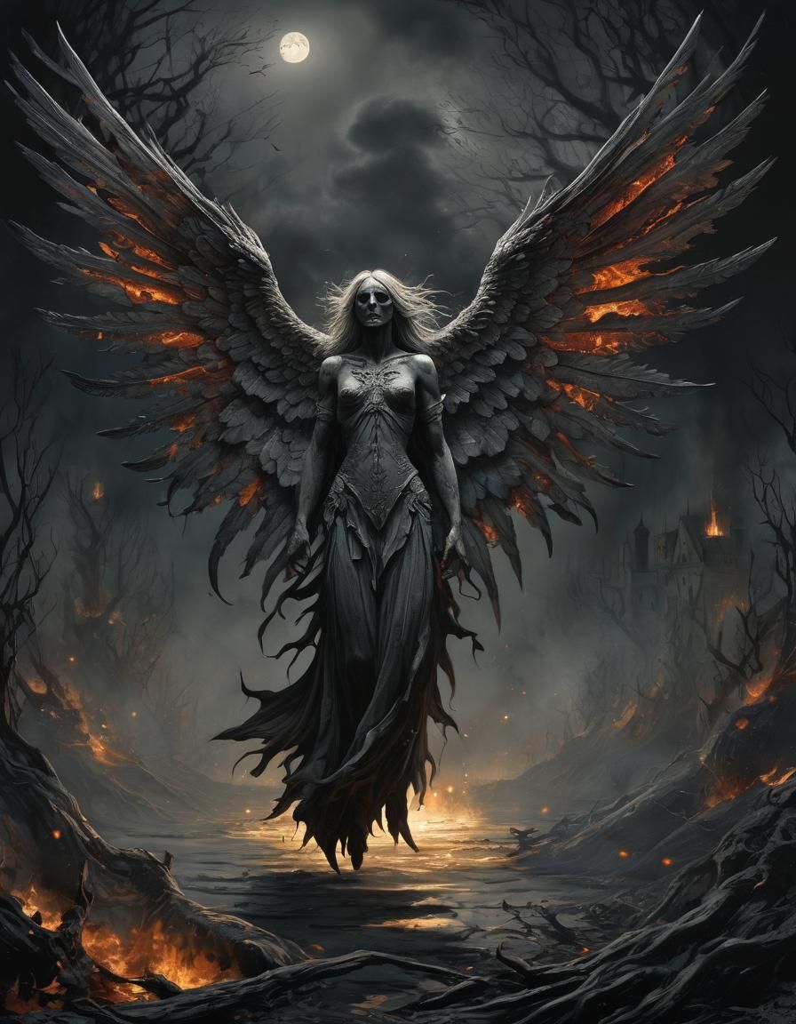 Fiery Floral Wings in Horror Engraving Style