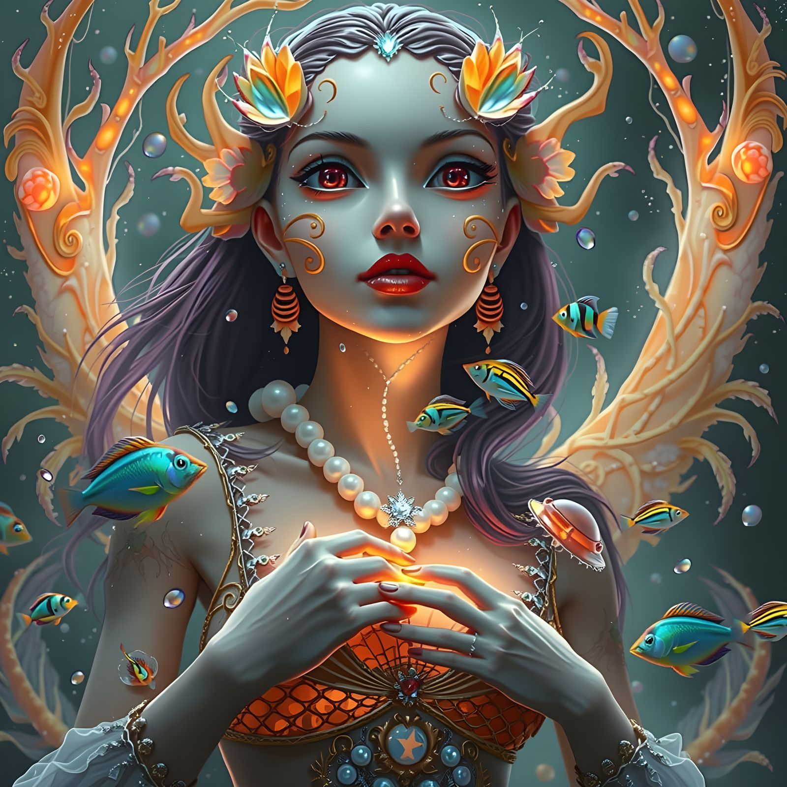 Beneath the Waves, a Shimmering Nymph in Coral Reef Colors