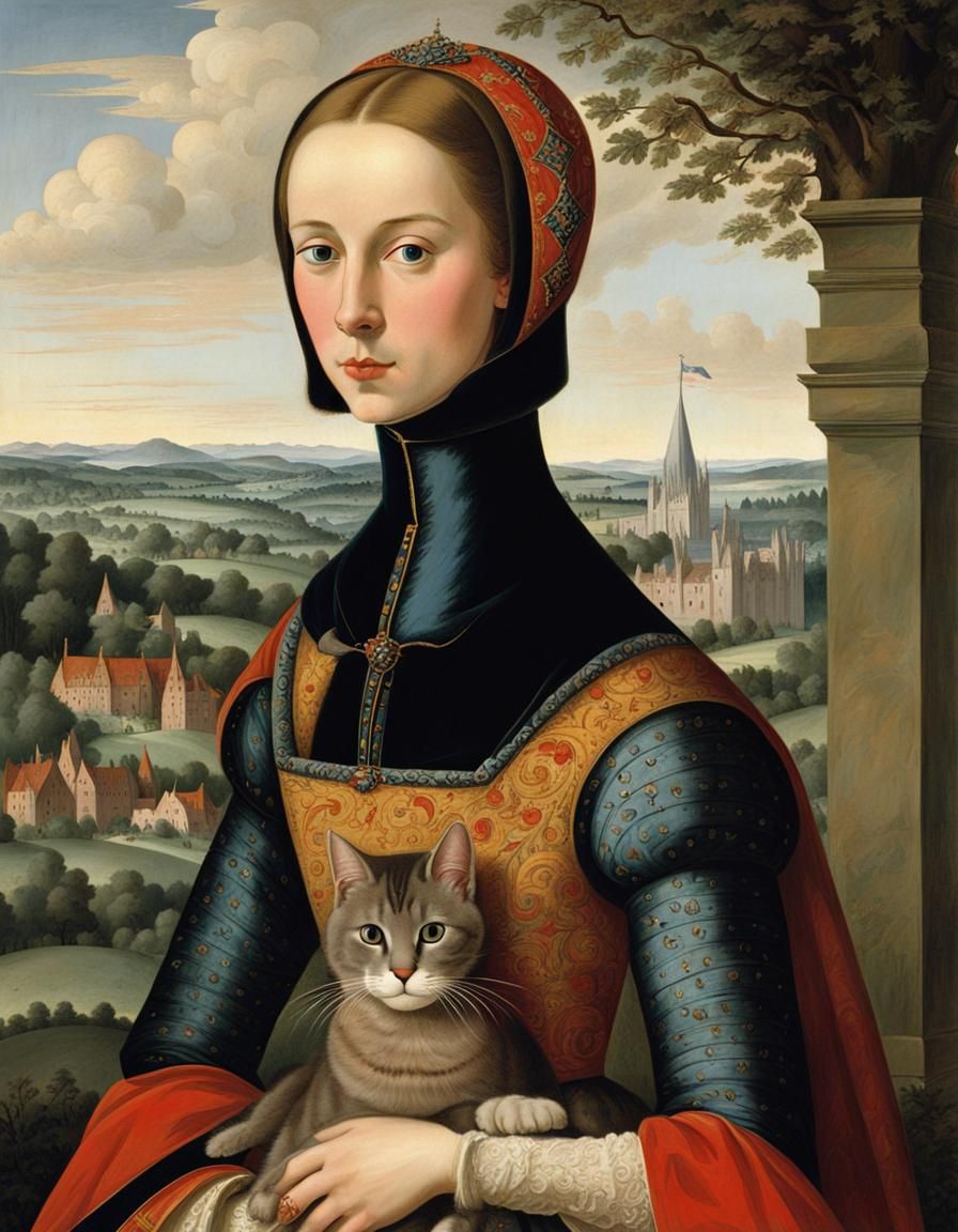 Medieval Princess with Cat in Impasto Painting Style