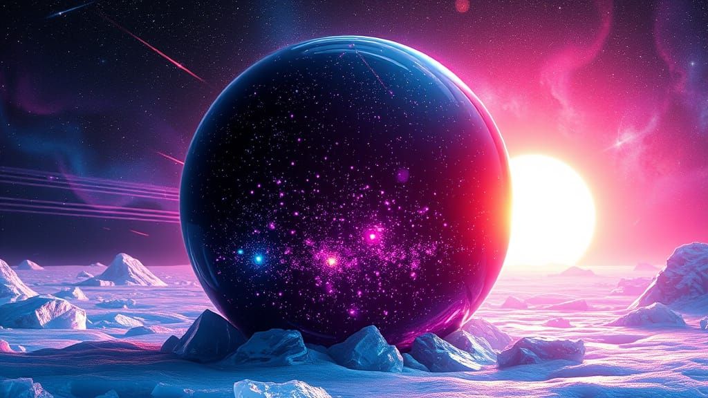 Ethereal Cosmic Sphere Illuminated by Radiant Light Beams