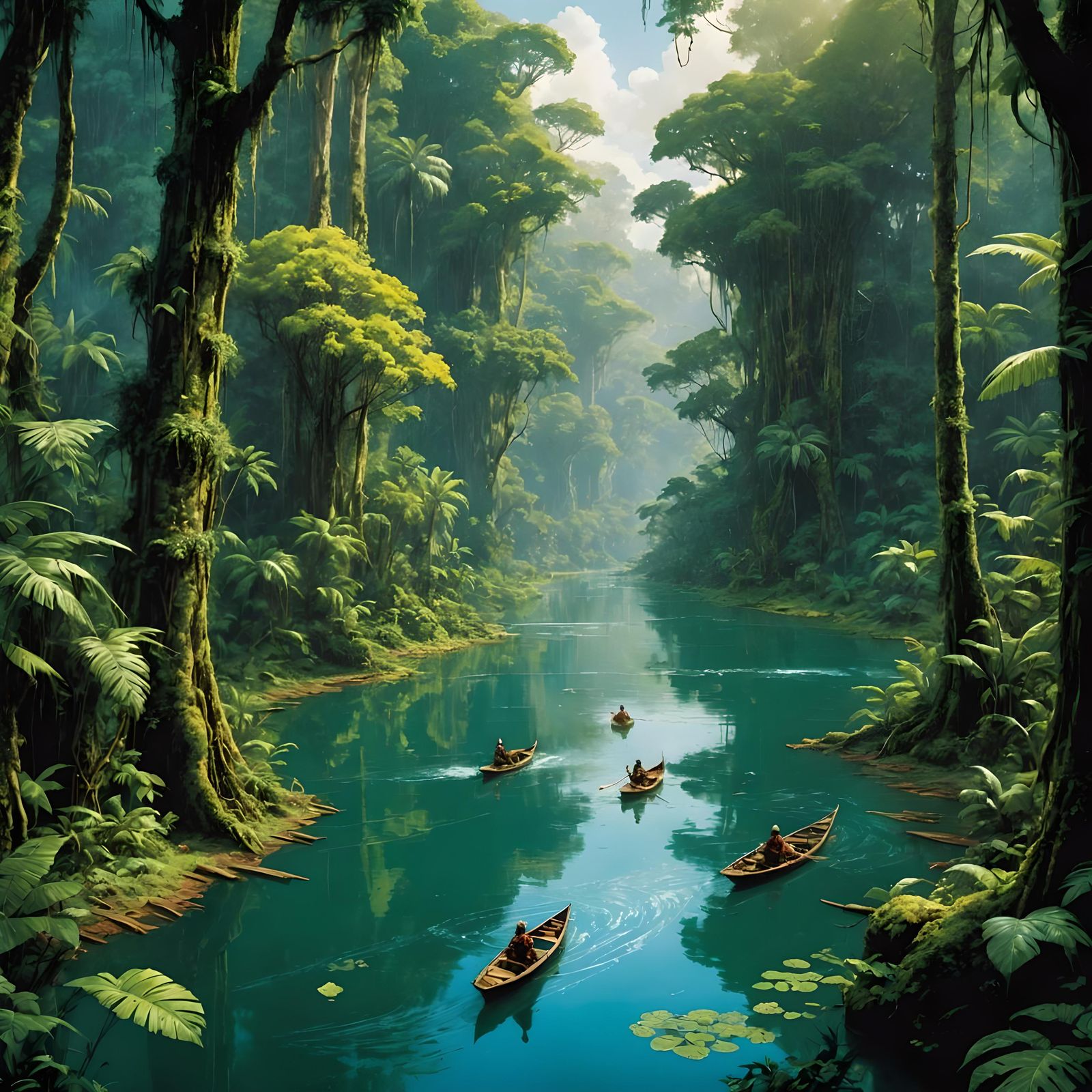 Amazon River in Dense Rainforest: Comic Book Art