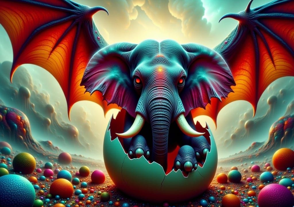 Xenomorphic Elephant with Dragon Wings in Dark Fantasy Style
