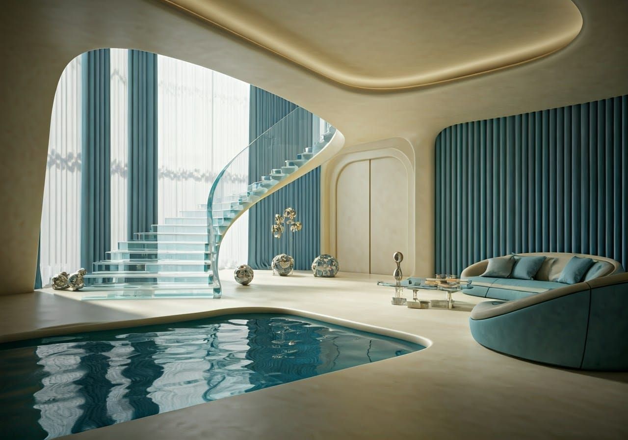 Luxury Living Room with Plexiglass Stairway and Pool