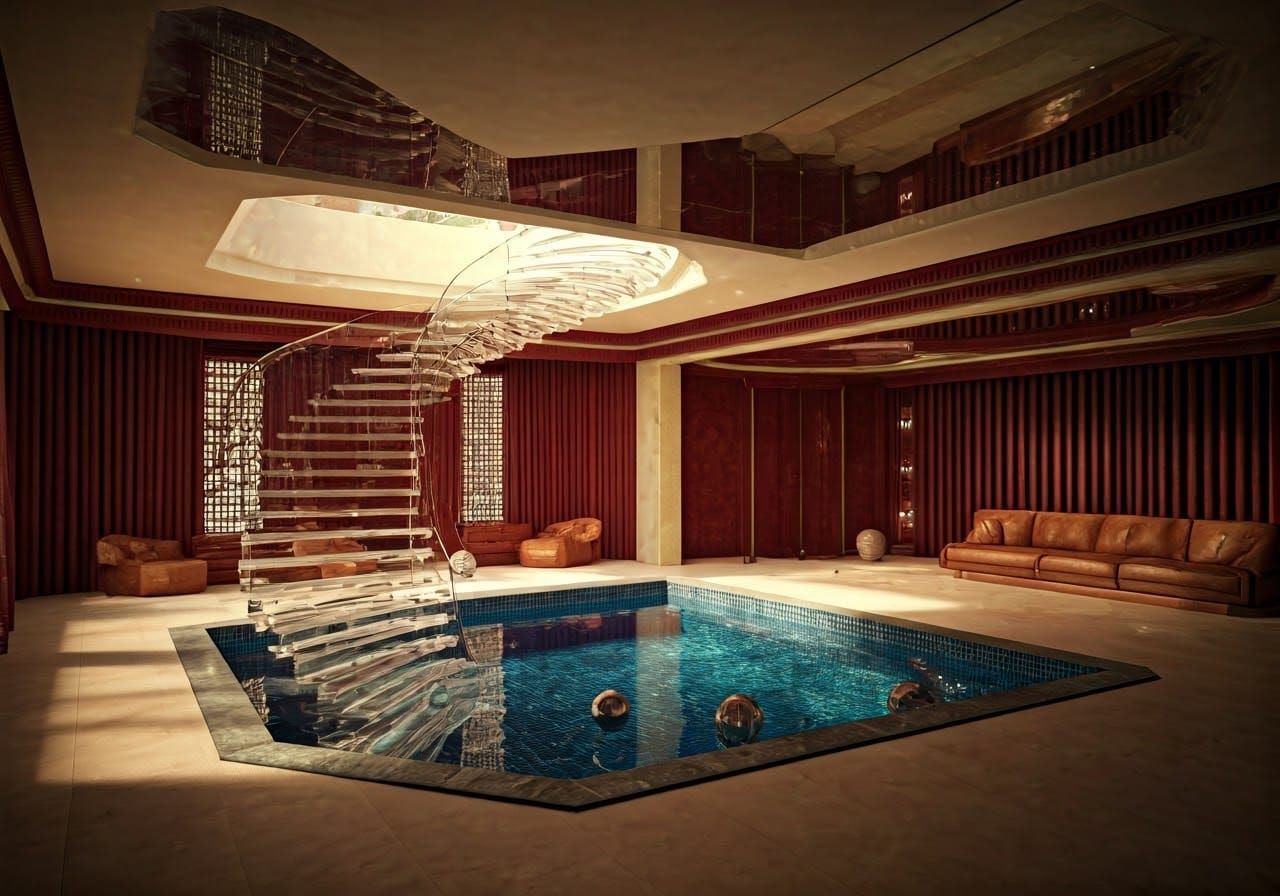 Luxury Living Room with Plexiglass Stairway and Pool