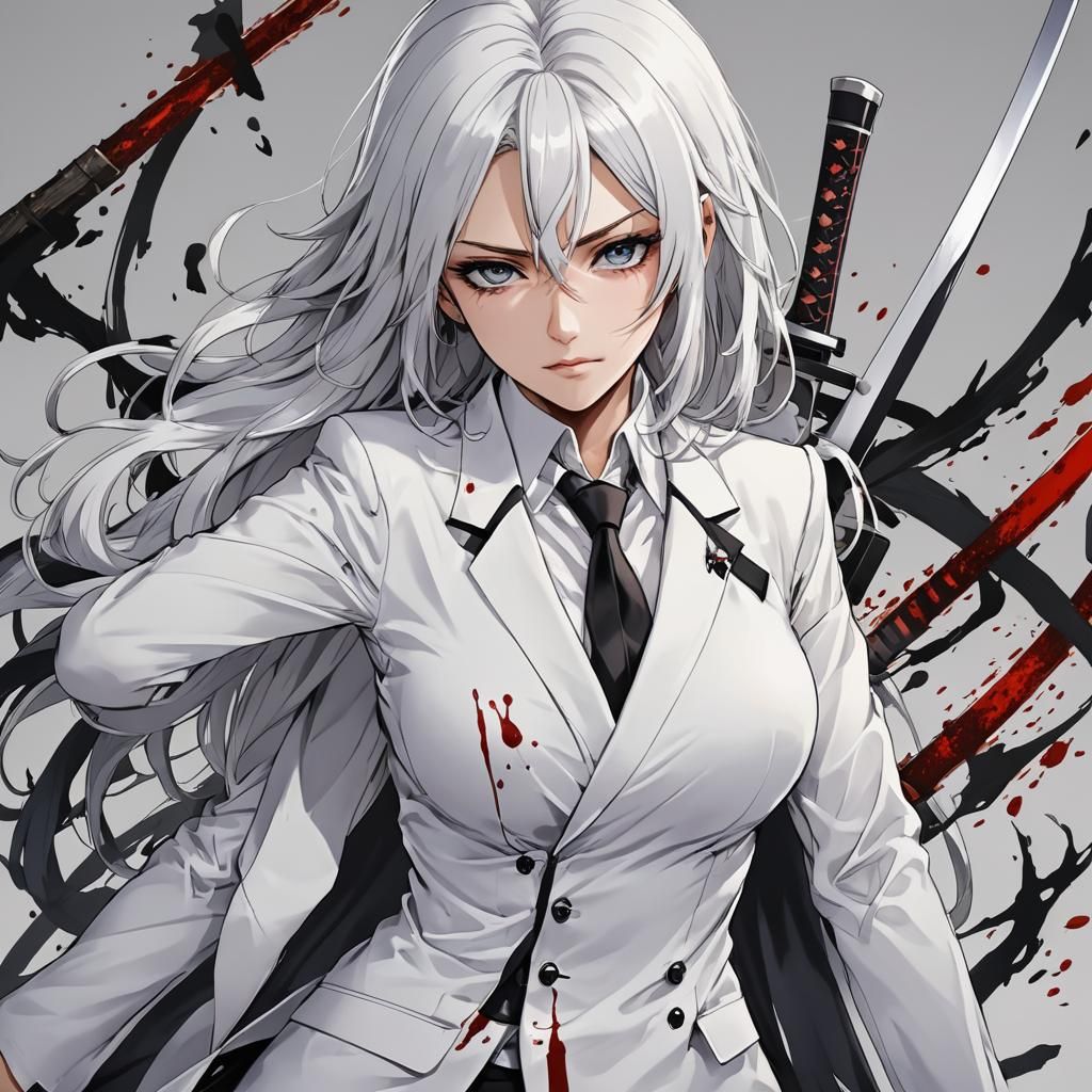 Ethereal Woman in White Suit with Katana, Anime Style