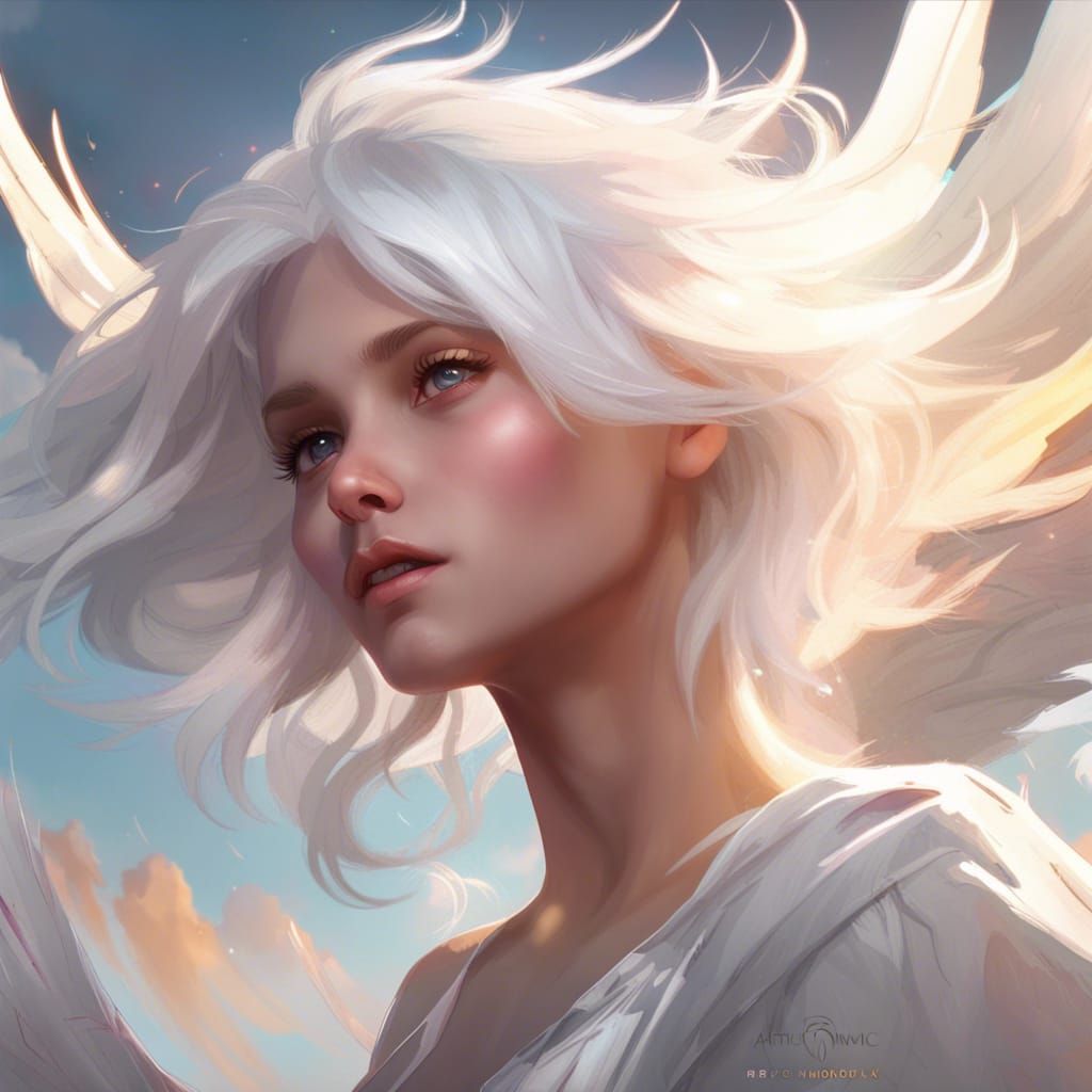 fantastic angel, with white hair and an innocent very beauti...