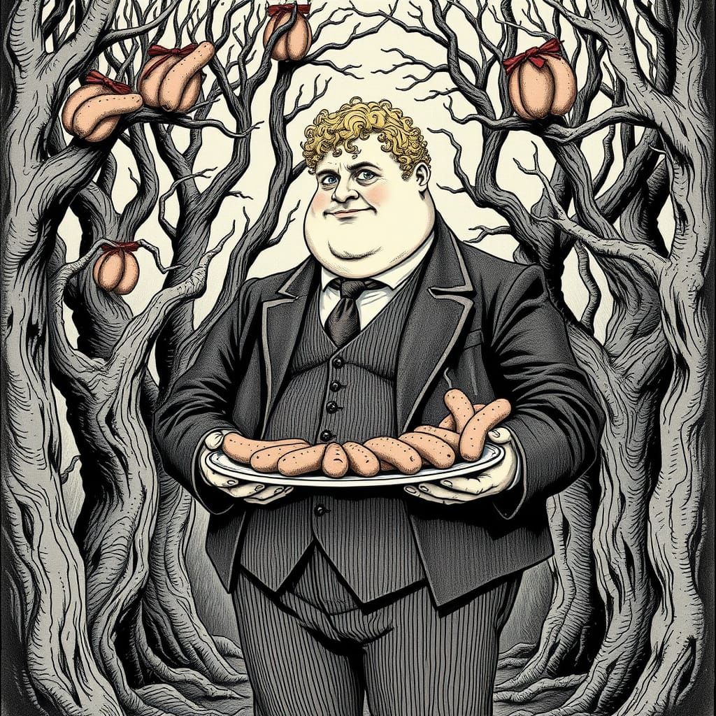 Ethereal Victorian Gentleman Savoring Sausages in a Haunting...