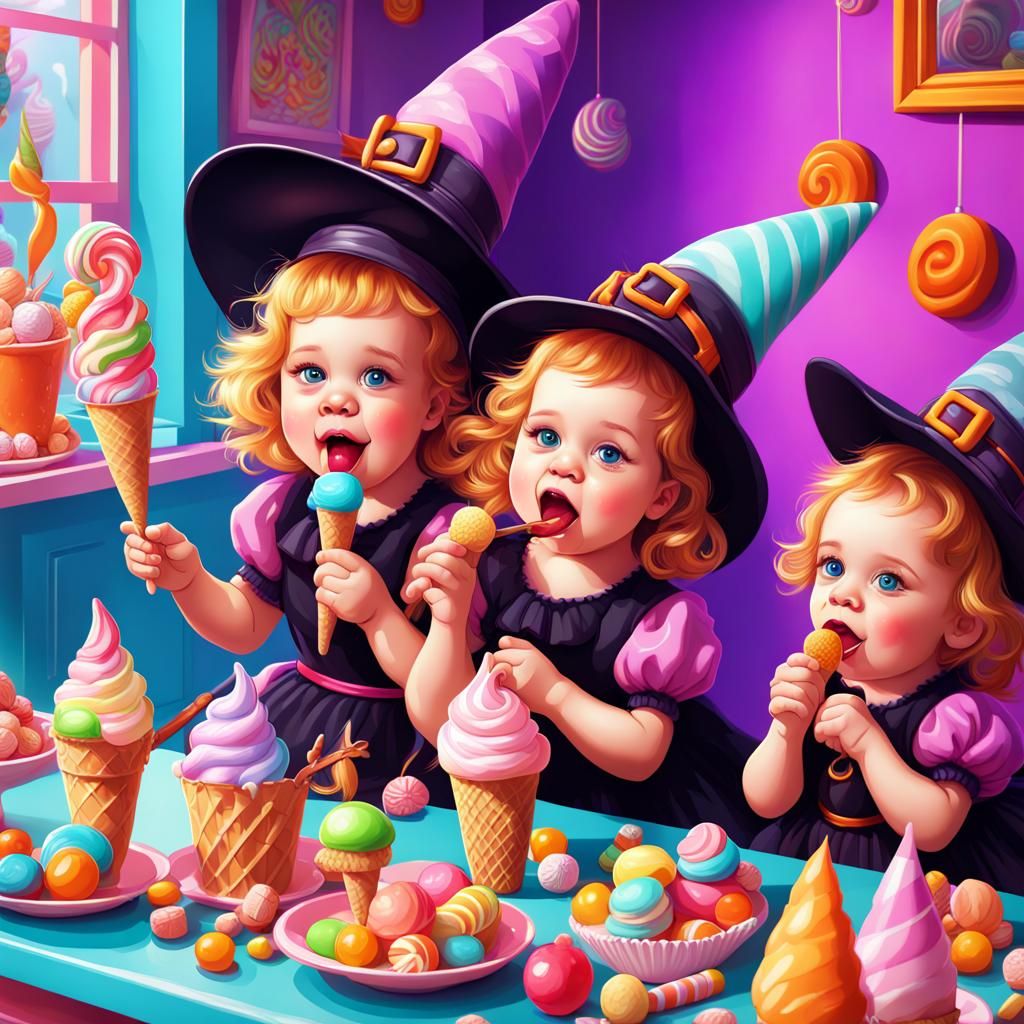 Baby Witches Enjoying Ice Cream in Candyland