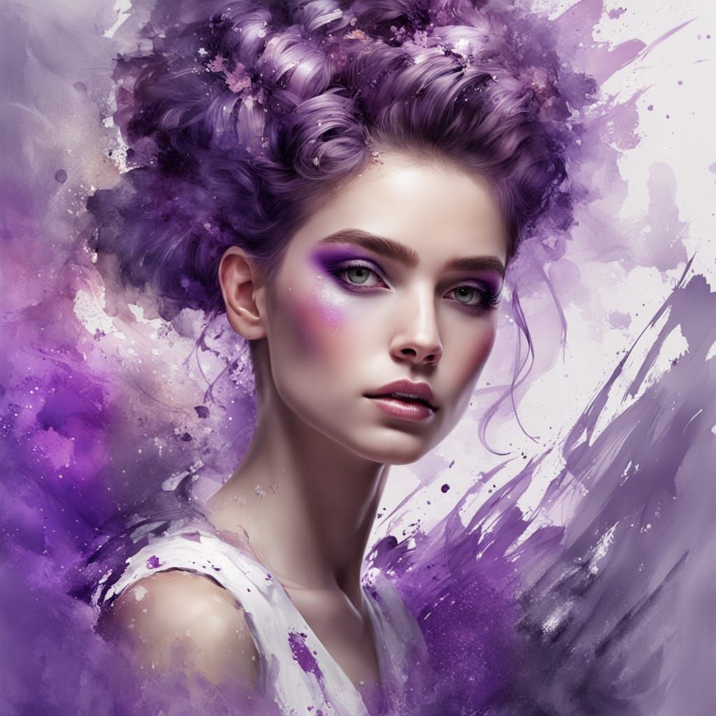 Intense Portrait with Elaborate Updo as Wet-in-Wet Ink Paint...