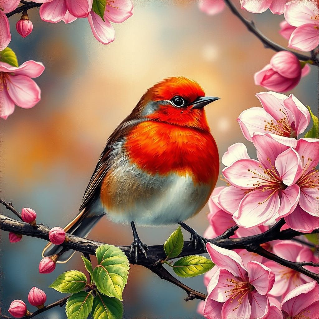 A Proud Red Robin sitting in the  . majestic sakura, delicat...