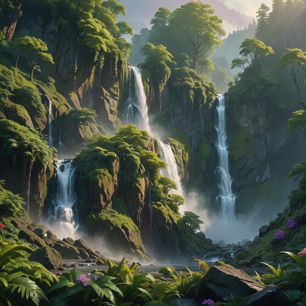 Lush Mountain Waterfall in Digital Painting Style