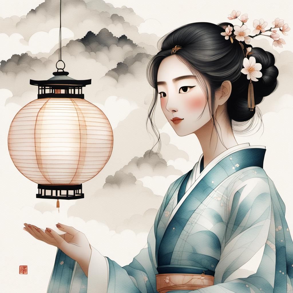 Tang Dynasty Lady with Lantern in Sumi-e Style