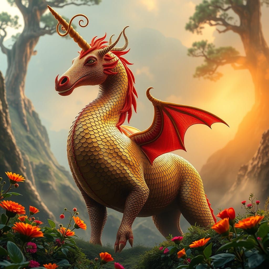Golden Dragon Unicorn Reigns in Lush Volcanic Paradise