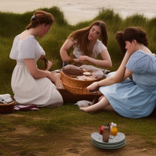 Victorian Women's Beach Picnic in Hyperrealistic Style