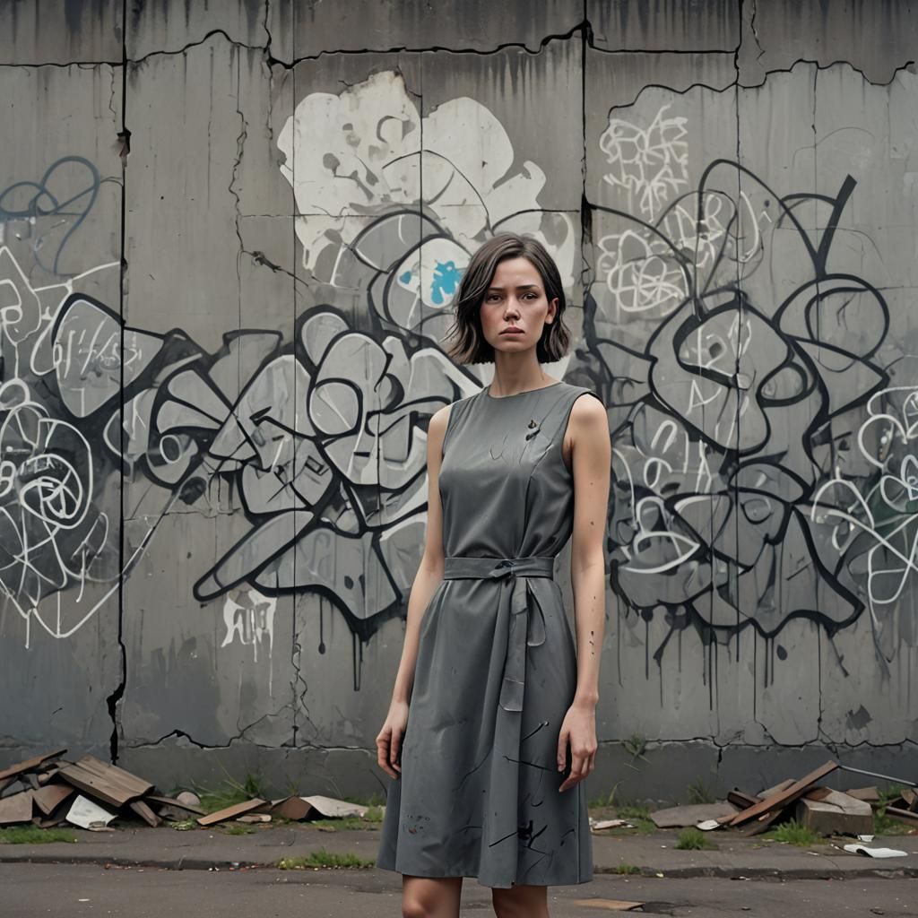 Girl in Grey Dress: Hyperrealistic Urban Portrait
