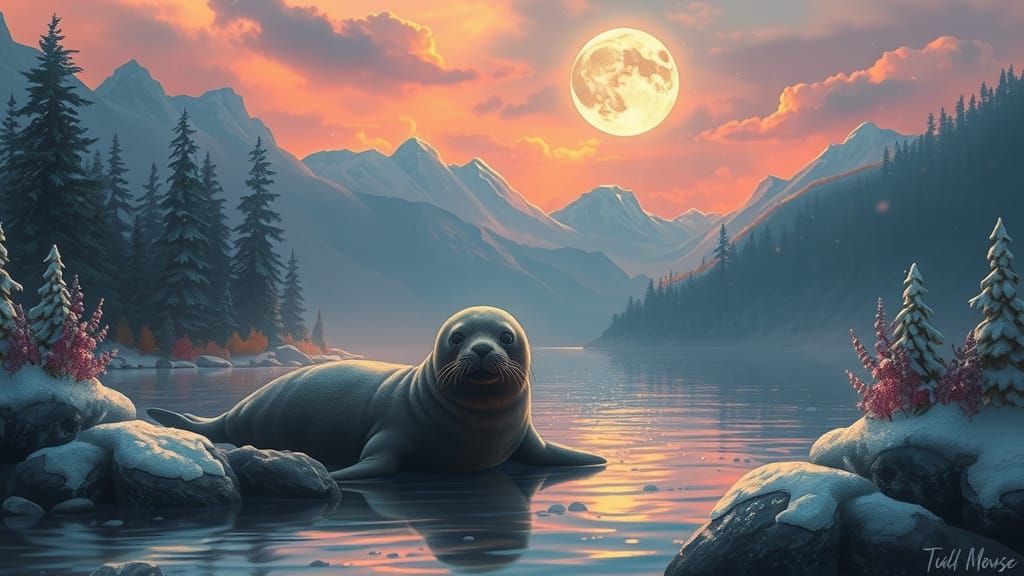 Cute Seal in Dreamcore Landscape, Romanticism Style