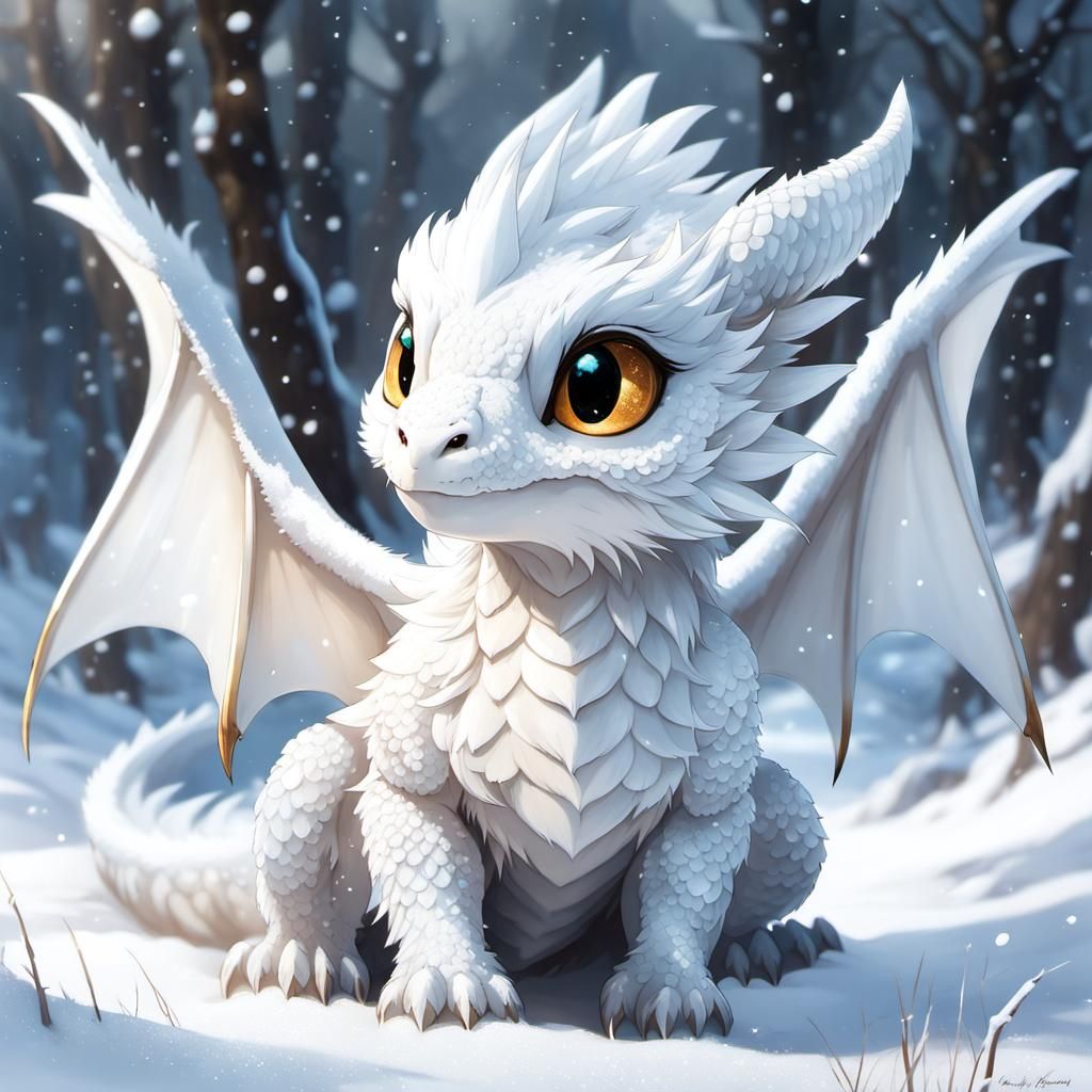 Cute Baby Dragon Playing in Snow, Digital Art