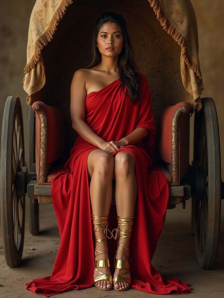 Filipina Goddess on Roman Chariot in Red Toga with Golden Sa...