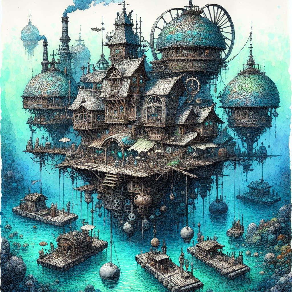 Floating Village in Blue Lagoon: Ink and Watercolor