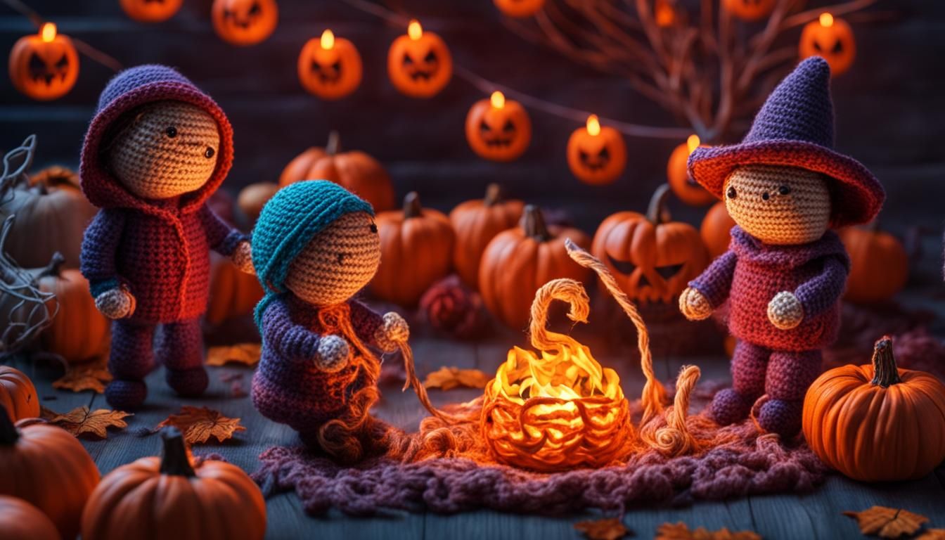 Cozy Halloween Scene in Yarn Art