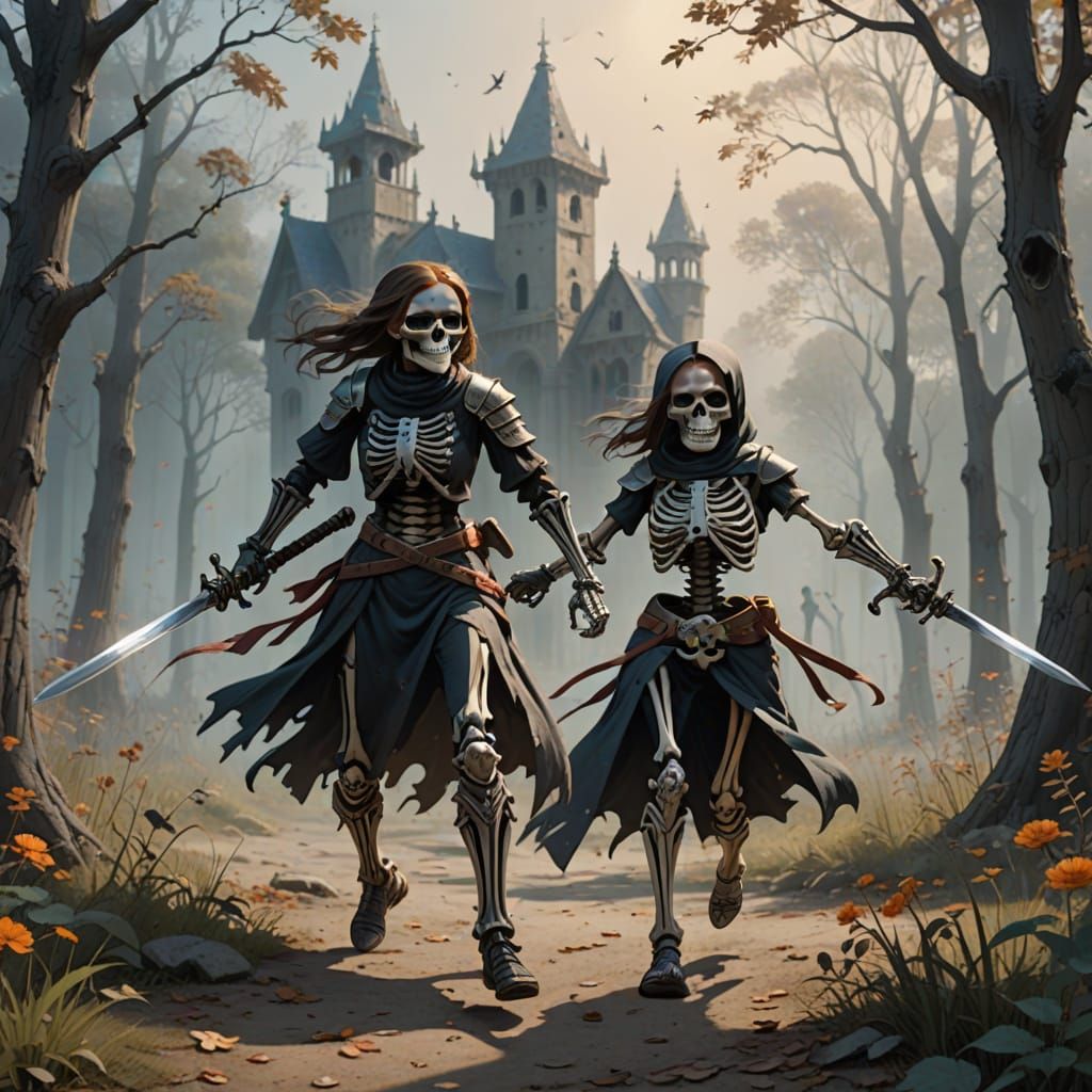 Skeletons Engage in a High-Stakes Chase Scene in a Dark Fant...