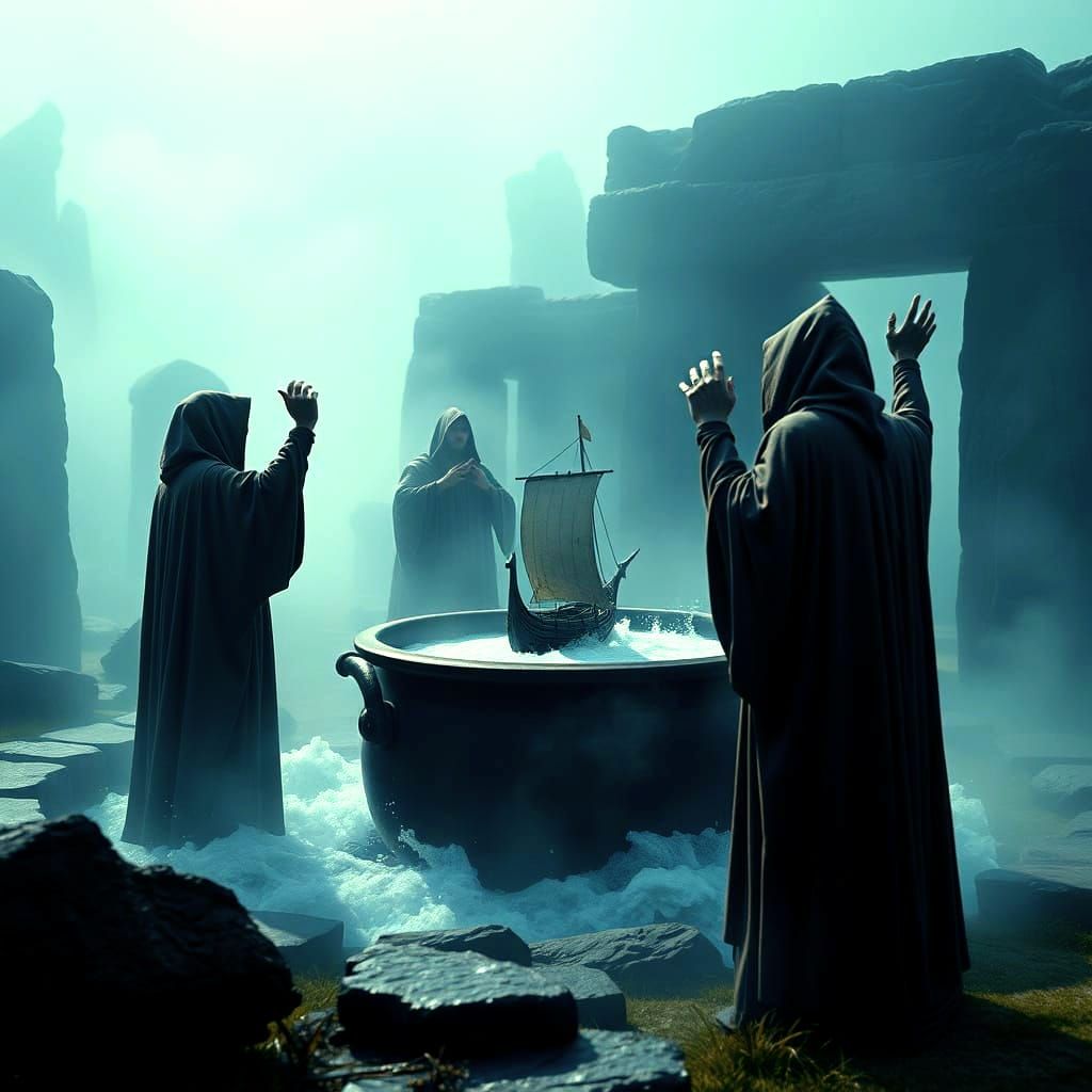 Neolithic Druids' Incantation: Drakkar Sailing in Mist
