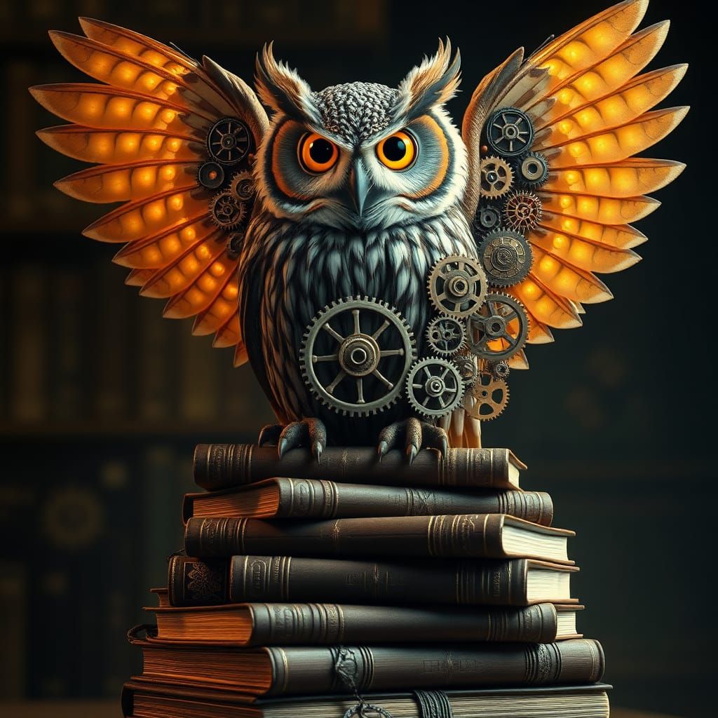 Clockwork Owl Perched on Ancient Books