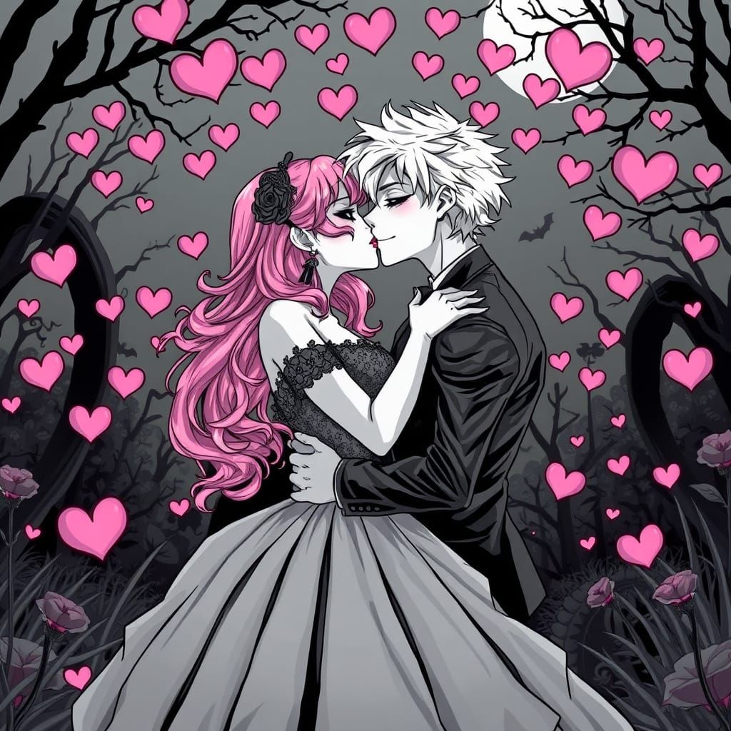 Gothic Romance Anime Couple in Spooky Garden
