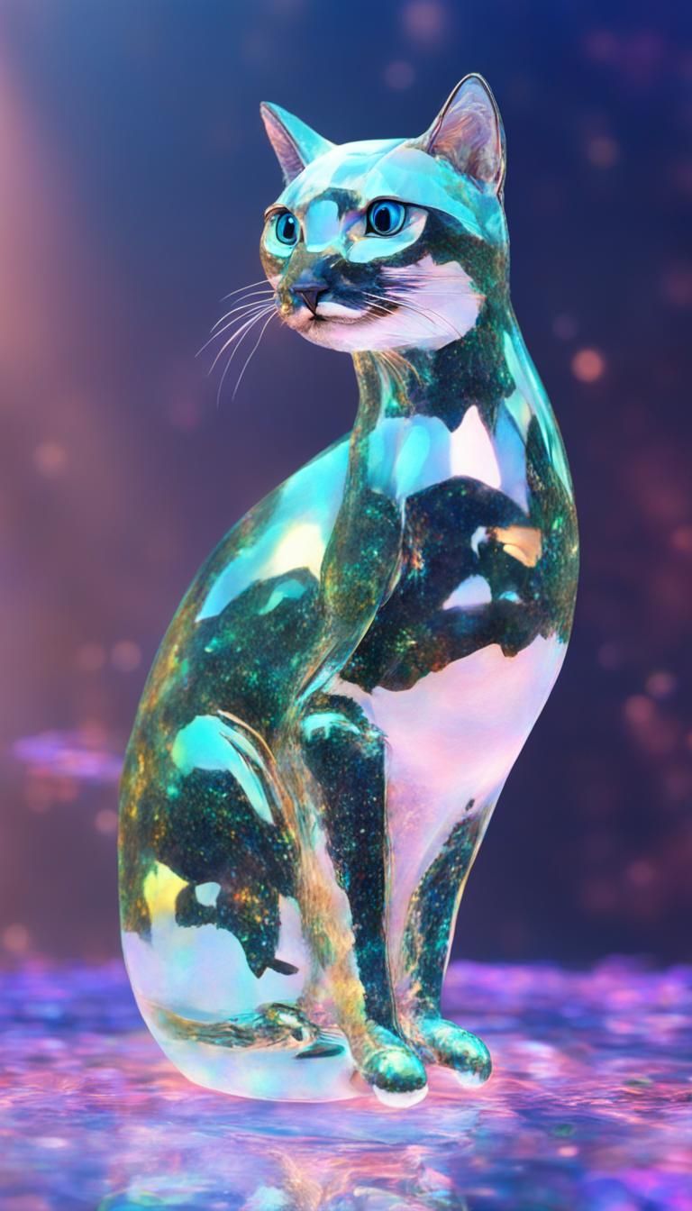 Prismatic Bejeweled Cat-Dolphin Hologram in Hyperreal Style