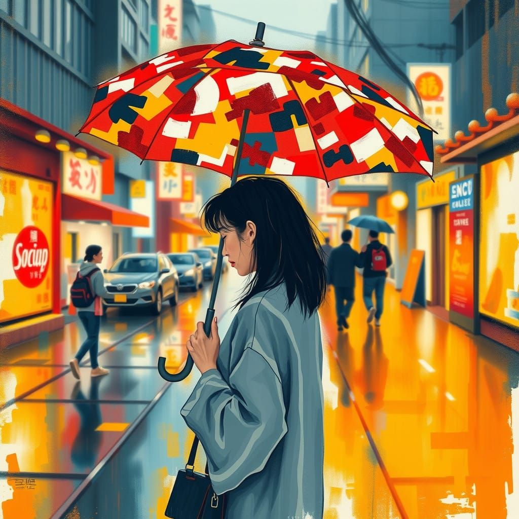 Vibrant City Street Scene with Abstract Umbrella