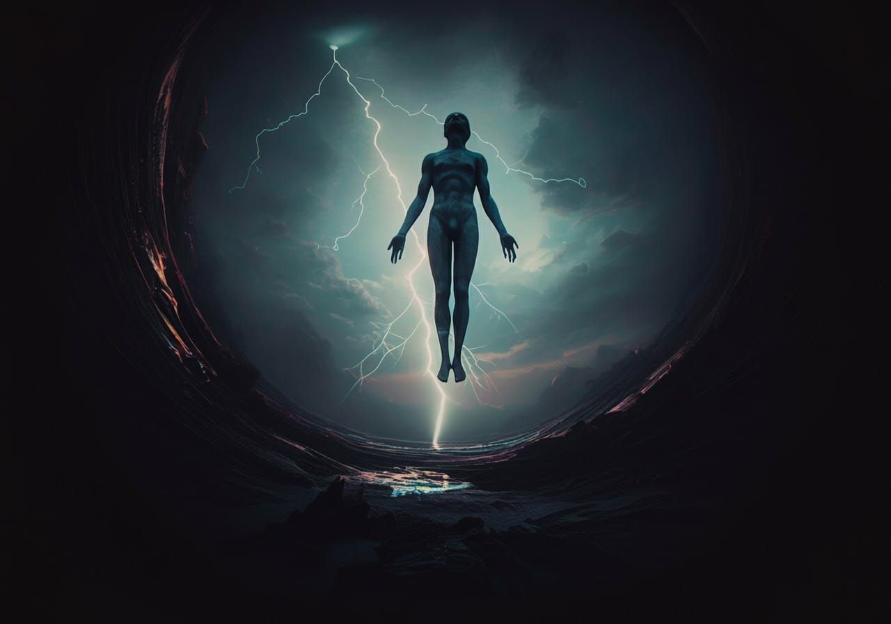 Grimdark Shadowrealm: Translucent Figure in Iridescent Sky