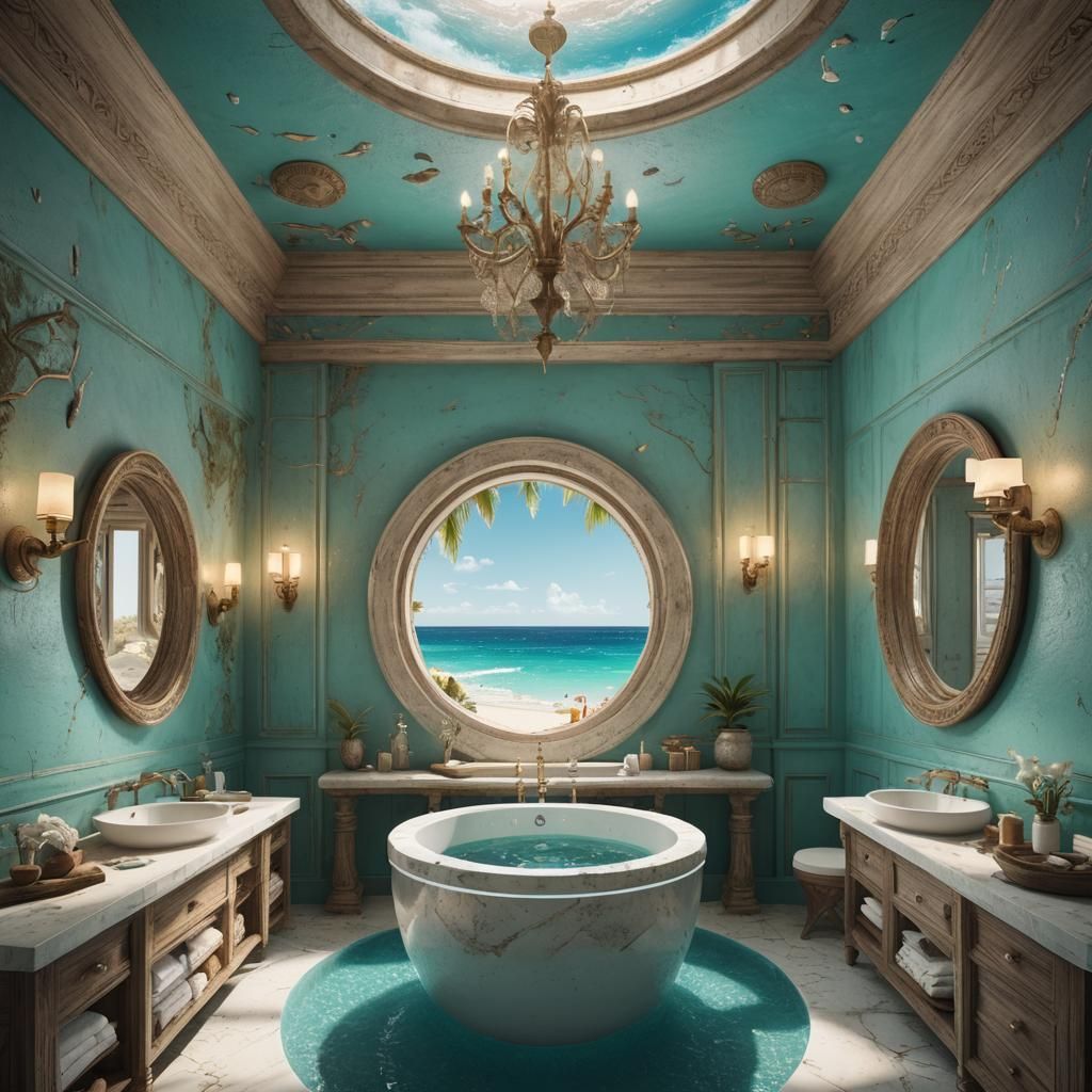 Beach Scene Inside Bathroom Sink: Detailed Matte Painting