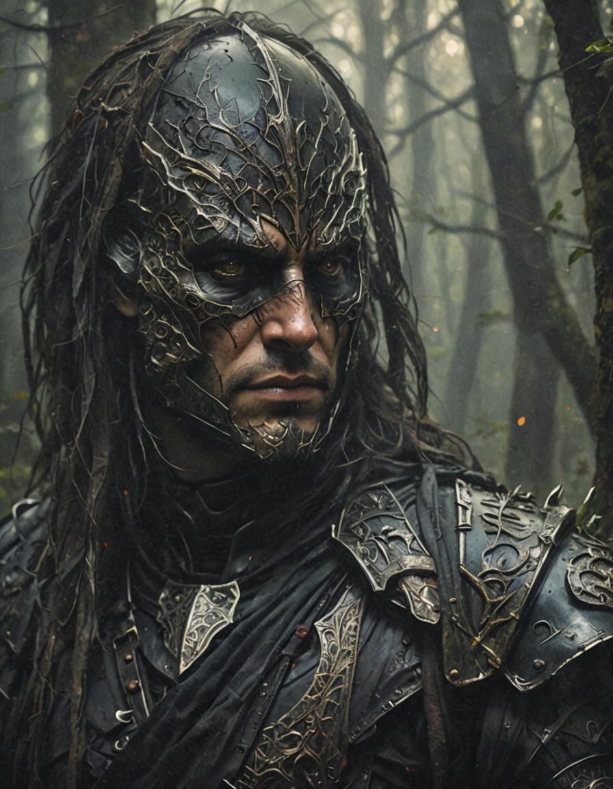 Mysterious Armored Figure in Dark Fantasy Forest