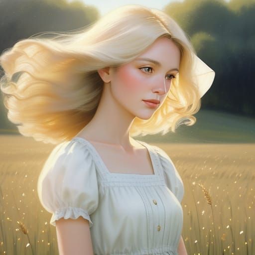 Girl in White Dress: Soft Pastel Field Illustration