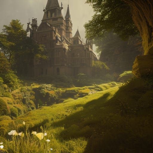 Edwardian Castle Oil Painting on Hillside