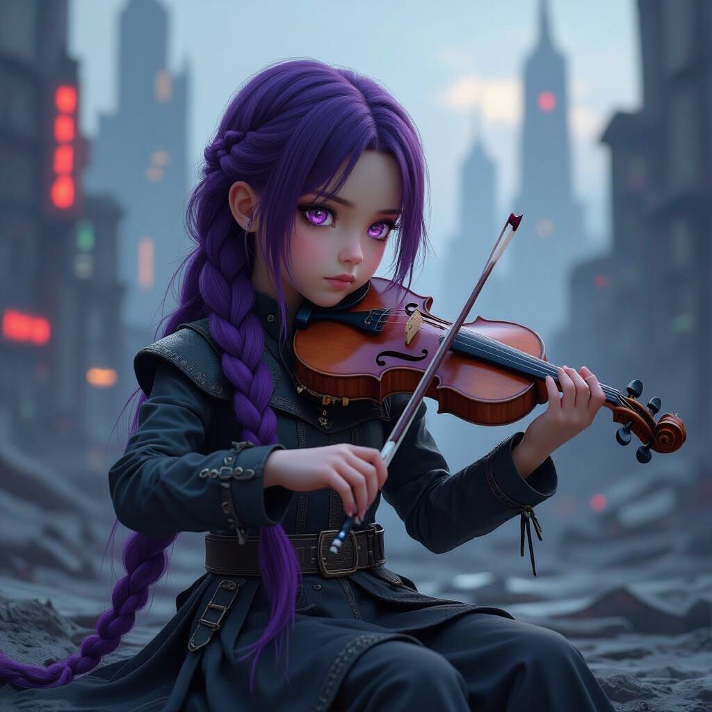 Girl with Purple Hair Plays Violin in Dystopian City