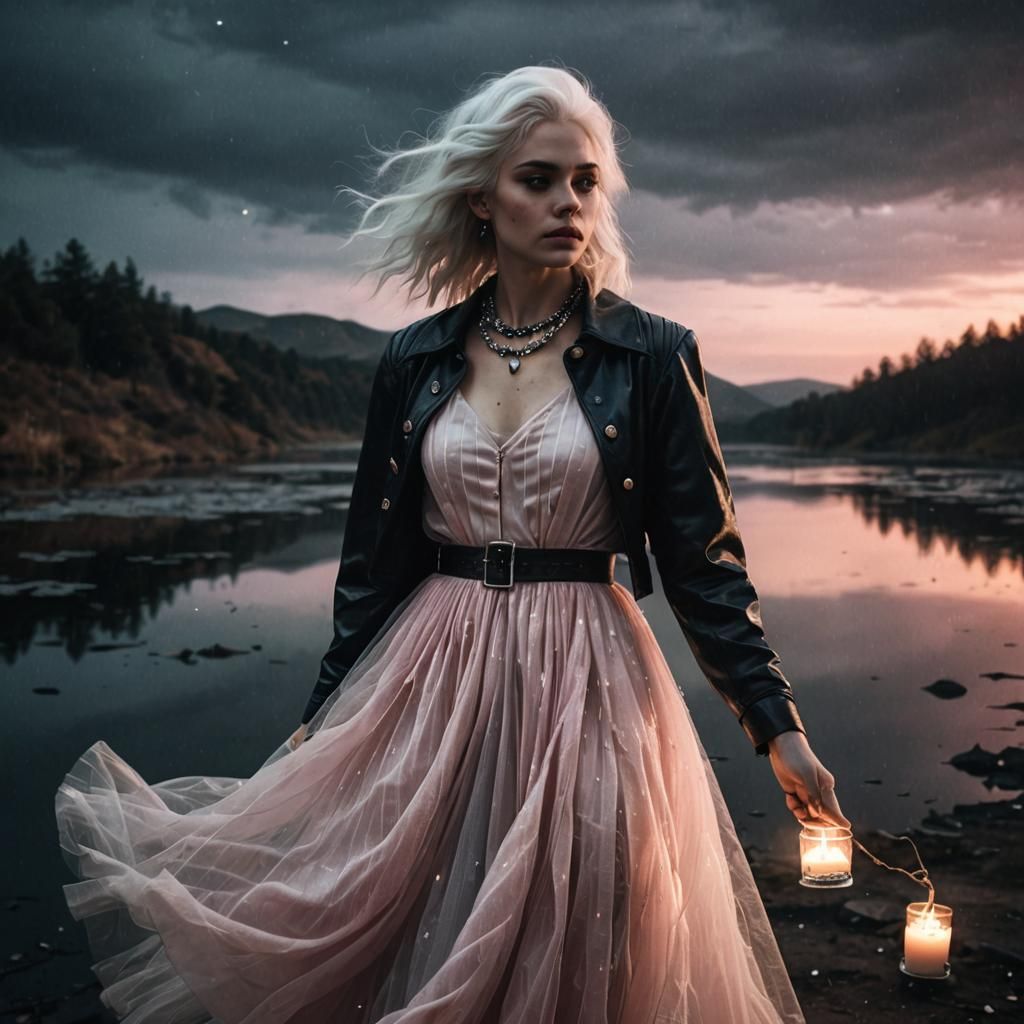 Time Traveler Girl with Candle in Eerie Landscape