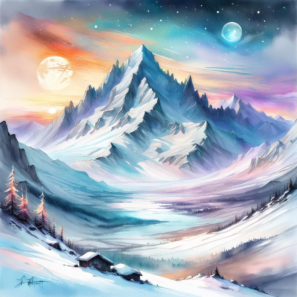 Peaceful Snowscape at Night in Pastel Colors