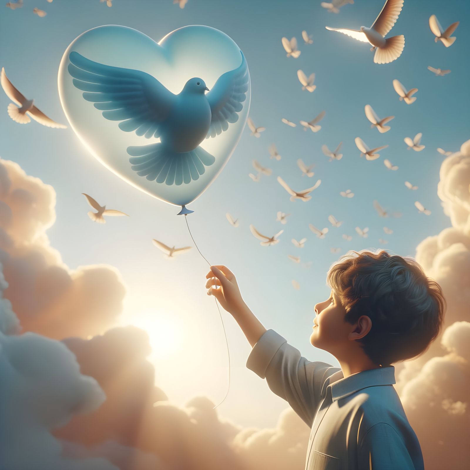 Boy Releases Dove Balloon into Azure Sky