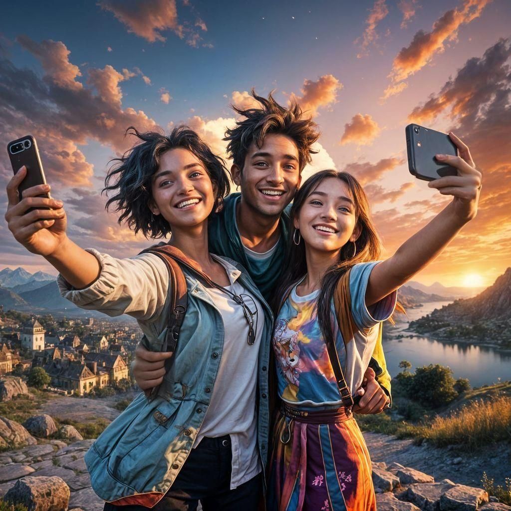 Joyful Friends Selfie at Sunset: Fantasy Concept Art