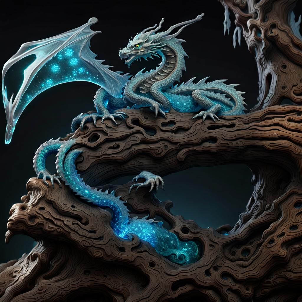 Bioluminescent Crystal Dragon Sculpture on Gnarled Tree
