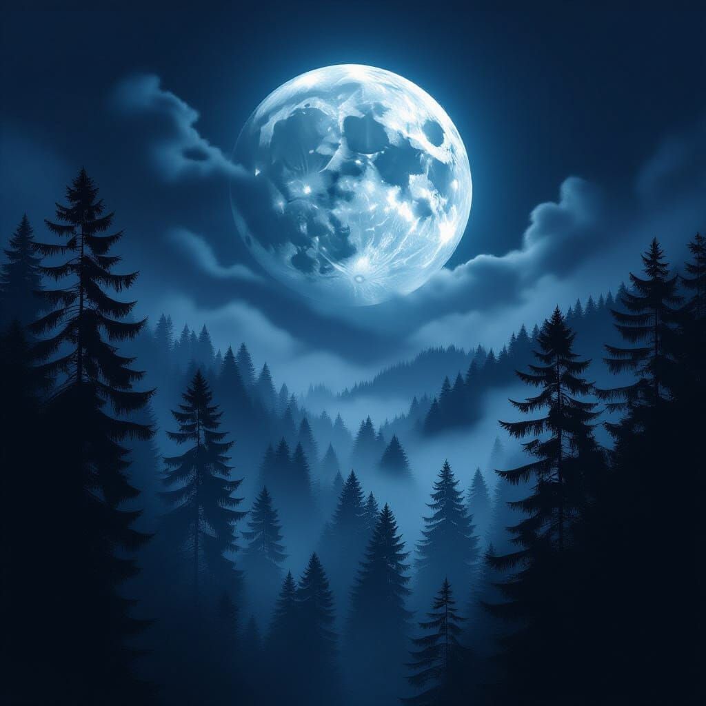 Lunar Eclipse over Misty Forest, Digital Art