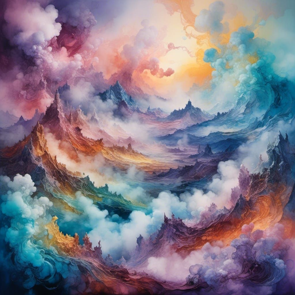 Ethereal Mist Landscapes in Cyberpunk Alcohol-Ink Style